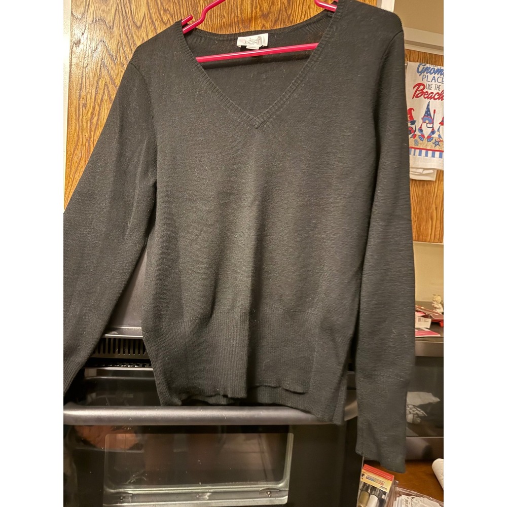 Ann Taylor LOFT‎ Black V-Neck Sweater Long Sleeve Ribbed Knit Top Womens Large
